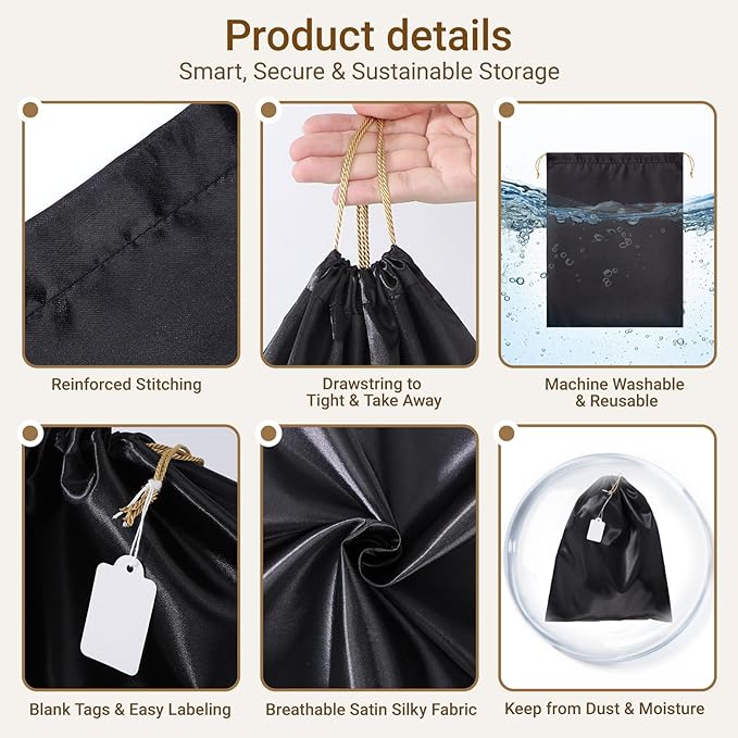 Ewen 12 Pack Satin Drawstring Dustbags with Blank Tags, Dustproof Packing Bags Set in Small Medium Large, Black Travel Essentials Organizer Pouch for Handbags Clothes Storage Shoes Purse Organization