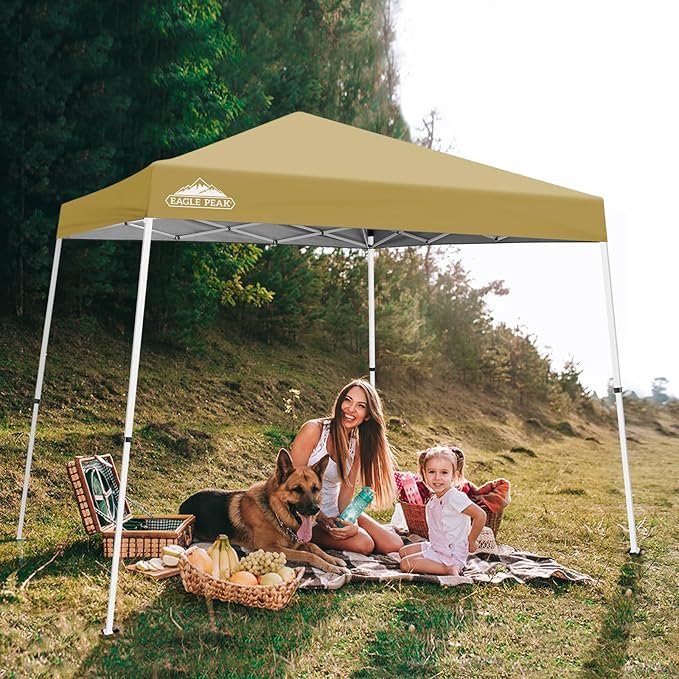 EAGLE PEAK 10x10 Slant Leg Pop-up Canopy Tent Easy One Person Setup Instant Outdoor Beach Canopy Folding Portable Sports Shelter 10x10 Base 8x8 Top (Beige)