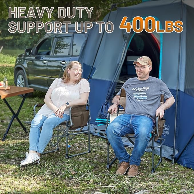 TIMBER RIDGE Aluminum Camping Directors Chair with Side Table Pocket, Portable Folding Chair, Heavy Duty Lawn Chair for Fishing Trip Picnic Concert Outdoor 400lbs, Tan 2 Pack