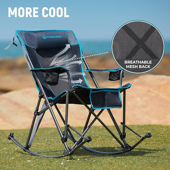 FUNDANGO Rocking Camping Chair, High Mesh Back Portable Folding Camp Chairs with Pillows, Cup Holder and Carry Bag for Lawn Patio Garden Outdoor Supports 300 Lbs (Black/Blue)