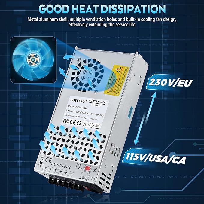 Upgraded 12V DC Power Supply 600W 50A AC to DC Converter Switching Power Supply for Led Strip, Motor Pump, CCTV, 3D Printer, Electronic Instruments, Lab Computer