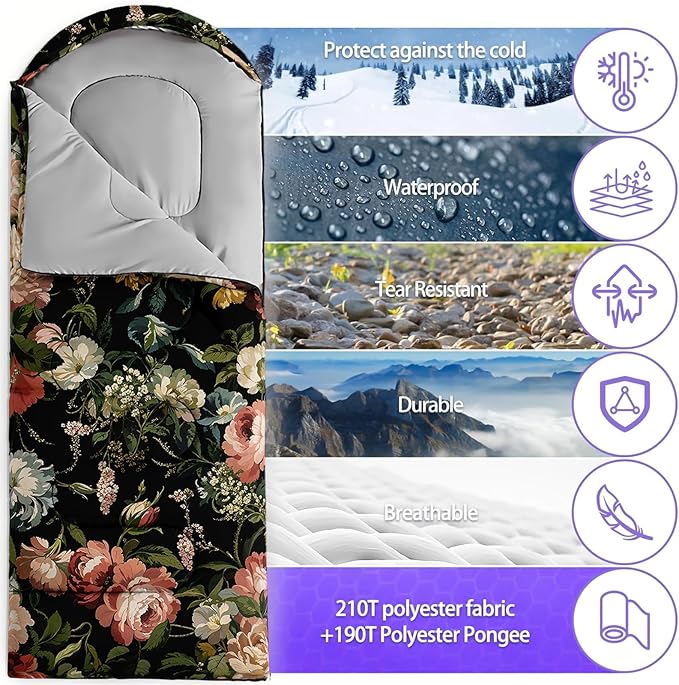 Sleeping Bags for Adults and Kids，3D Printing Camping Sleeping Bag for Girls Boys Lightweight Waterproof Cold/Warm 3-Season，Outdoor Travel with Compression Bags