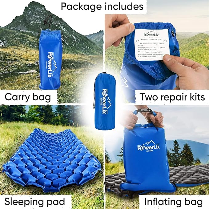 POWERLIX Camping Sleeping Pad - Ultralight Inflatable Camping Mattress Sleeping Mat for Backpacking, Hiking, Compact Lightweight Sleeping Pad for Camping, Inflation Bag/Repair Kit Included