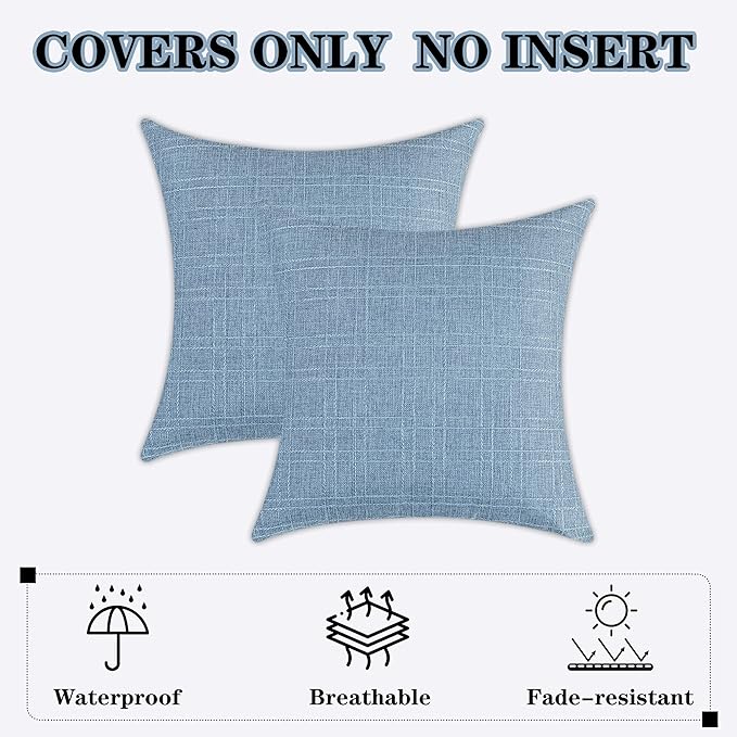 Kevin Textile Pack of 2 Outdoor Waterproof Throw Pillow Covers Decorative Farmhouse Checkered Square Solid Cushion Cases for Patio Garden Porch Sofa Light Blue 18x18 inch