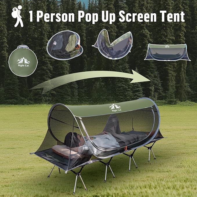 Night Cat Pop-up Mosquito Tent: 1 Person Camping Tent with Bug Screen Net Easy Set-up Tent Fits with Camping Cot (Excluded)