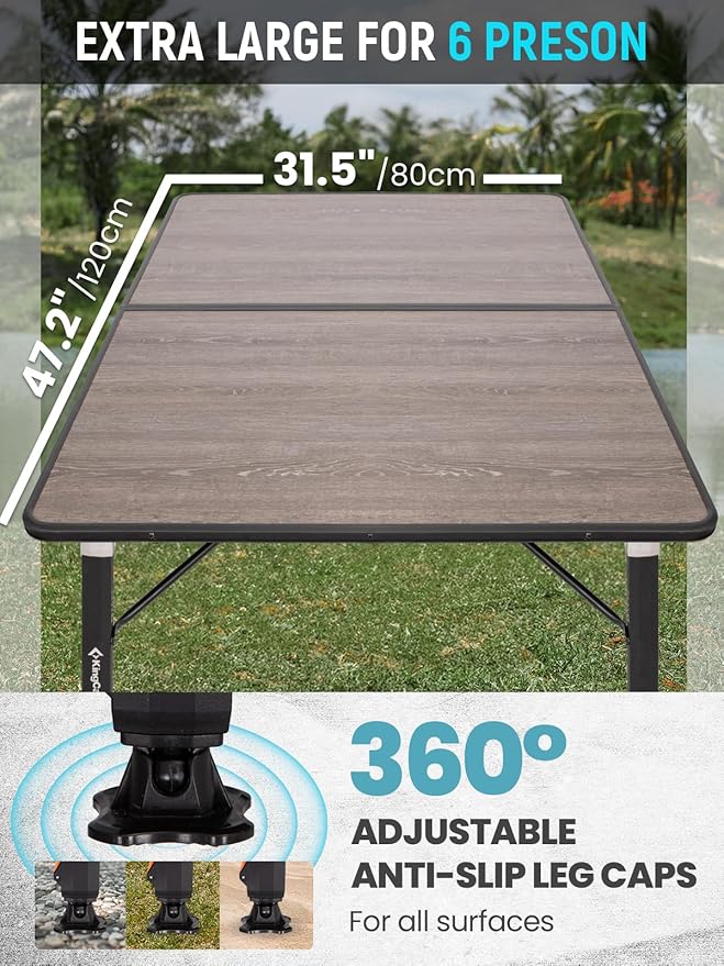 KingCamp Folding Glass Fiber Camping Table, Portable Camp Table with Adjustable Height Aluminum Legs & Carry Bag for Outdoor, Picnic, Beach, Party, Indoor, Use for 4-6 People
