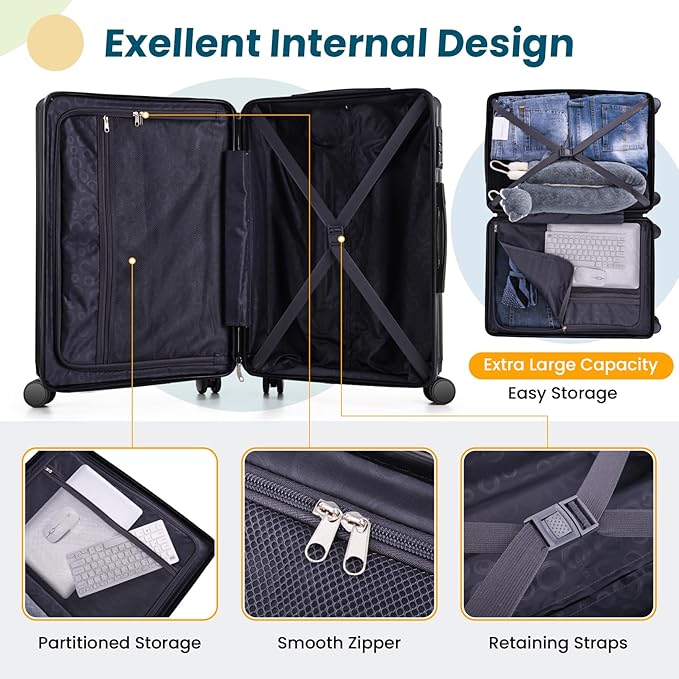 Hoteel 5 Piece Luggage Set (4-YEAR WARRANTY) ABS+PC Hardshell Carry on Suitcase with Spinner Wheels & TSA Lock for Men and Women, Rolling Suit Case for Plane, Travel, Business, Black (20/24/28/DB/TB)
