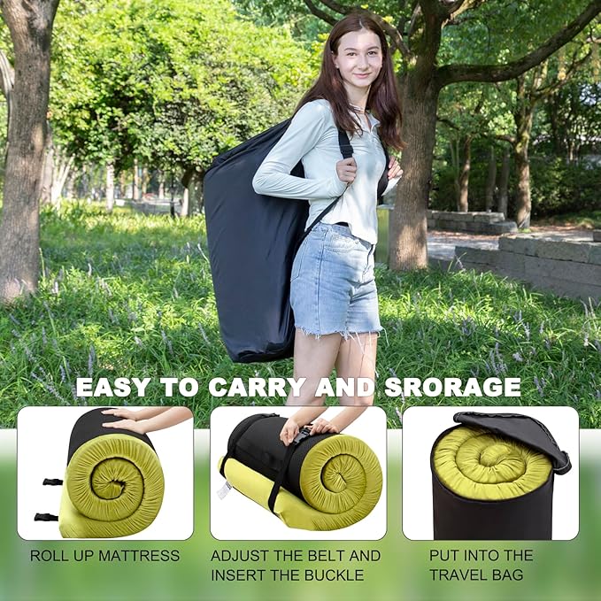 Memory Foam Camping Mattress Sleeping Pad, 3" Thick Waterproof Portable Roll Up Sleeping Mats & Floor Mattress Pad with Pillow + Travel Bag for Camping Car Truck SUV Tent Sleepover Kids Adult