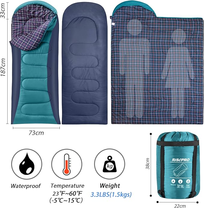 Flannel Sleeping Bag Lightweight, Portable, Waterproof 3-4 Seasons Warm Cold Weather Sleeping Bag for Adults & Kids - Indoor & Outdoor: Camping, Backpacking, Hiking