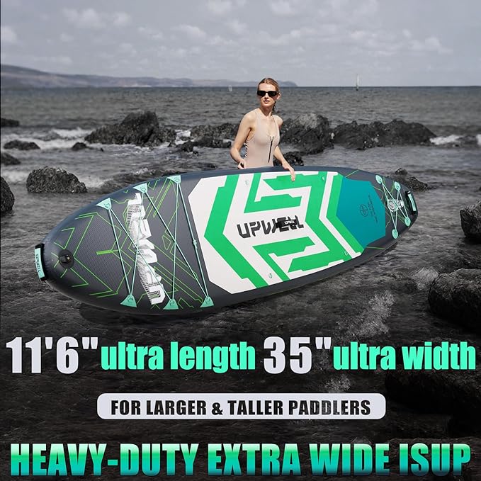 UPWELL 11'6"×35" Extra Wide Inflatable Paddle Board, Stand Up Paddle Board for Youth & Adults, Stable Design, Premium SUP Accessories, 120L Backpack, 10L Dry Bag, Paddle, Leash, Hand Pump, US Fins