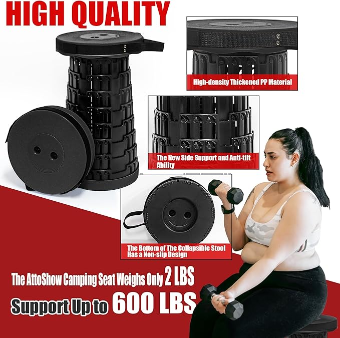 2025 2PCS Upgraded Collapsible Stool Thickened Set, Portable Stool Folding Stools, Foldable Chair for Camping Fishing Hiking BBQ and Outdoor Activities - Max 500lbs (Black)