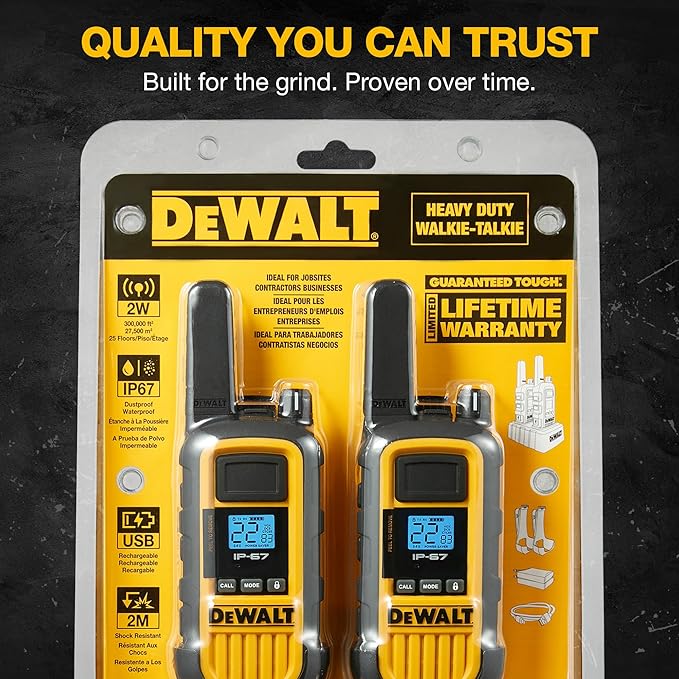 DEWALT DXFRS800 FRS Walkie Talkies Long Range 2 Way Radio, 2 Watt, Waterproof & Rechargeable, 2 Pack
