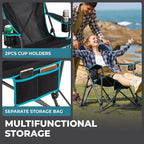 FUNDANGO Rocking Camping Chair, High Mesh Back Portable Folding Camp Chairs with Pillows, Cup Holder and Carry Bag for Lawn Patio Garden Outdoor Supports 300 Lbs (Black/Blue)