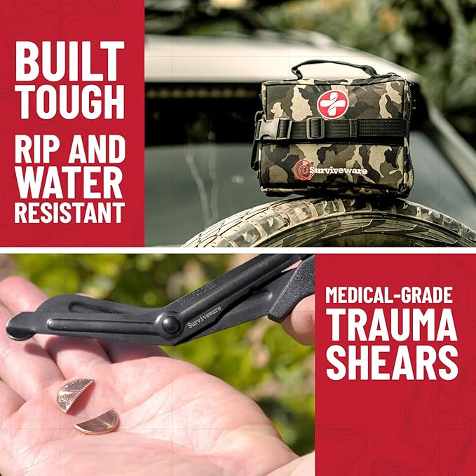 Surviveware 119 Pcs Comprehensive Premium Survival First Aid Kit - Medical Emergency Kit for Travel Camping Gear, Home Essentials & Outdoor Emergencies - HSA & FSA Eligible Survival Kit