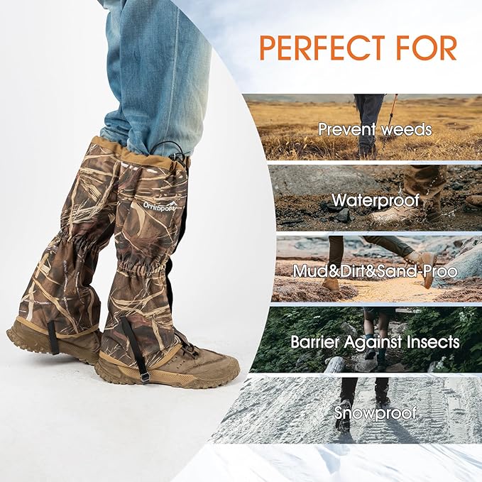 Waterproof Adjustable Leg Gaiters for Men and Women Snow Boot Gaiters for Hiking in Hunting Sand and Mud Mountain Climbing or Snowshoeing