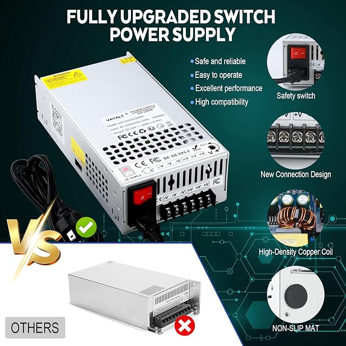 VAYALT 12V 100A 1200W DC Switching Power Supply, Universal Regulated Switching AC 110V/220V to DC 24V Transformer, Power Supply for Industrial, CCTV, Computer Project, LED Strip Light(No Power Cord)