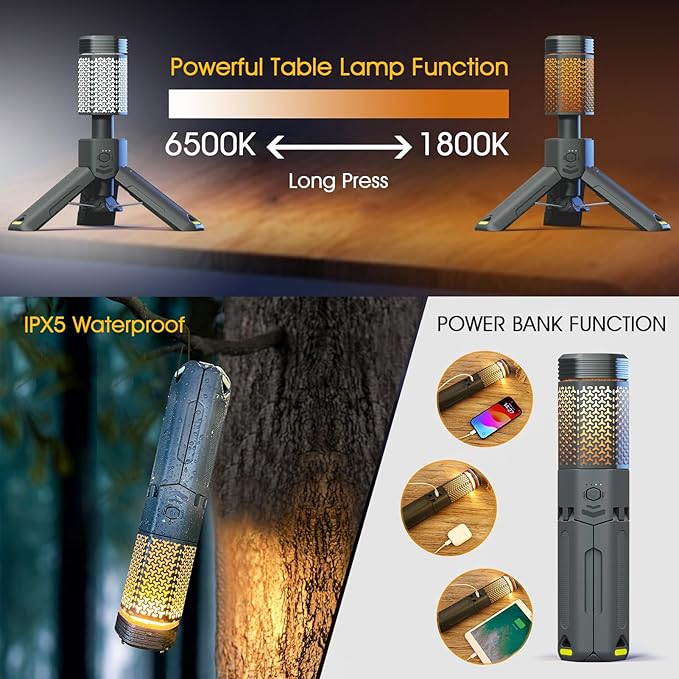 Camping-Lights-Rechargeable,Outdoor Telescopic-Collapsible-Lanterns with 2 Light Sources Mobile Lighting 10500mAh Battery Flash Light & Road Lamp for Adventure/Hiking/Camping/Live Streaming(Dark Grey)