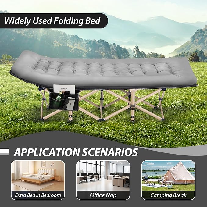 Folding Camping Cot for Sleeping, Portable Cots for Adults, Heavy Duty Cot Bed 550LBS(Max Load), Extra Wider Cots with Large Pocket for Outdoor, Office, Beach