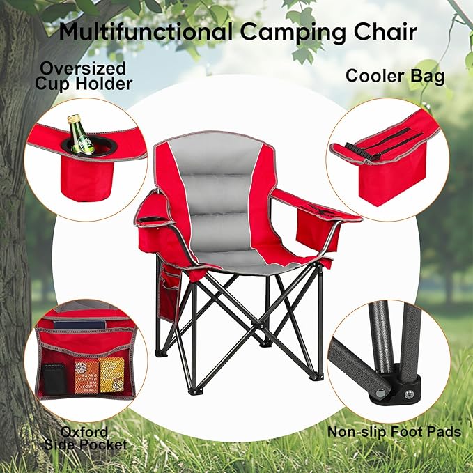 Northroad 2 Pack Oversized Camping Chair, Padded Portable Chairs Heavy Duty Camping Folding Chairs w/Cooler Bag & Cup Holder, Support 400 LBS for Outdoor, Fishing & Garden (Red & Black)