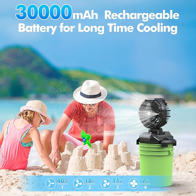 Portable Misting Fan, 4 Powerful Speed & 4 Spray Modes, 30000mAh Battery Powered, Remote Control, Auto Oscillation with Adjustable Base fit for 10-13 inch Bucket for Outdoor Camping Beach Travel
