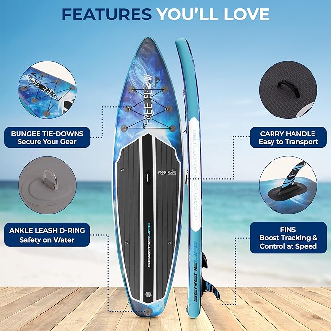 SereneLife Inflatable Stand Up Paddle Board with Premium SUP Accessories – Wide Stable Design with Non-Slip EVA Deck Pad for Adults and Youth of All Skill Levels, 350 lbs Capacity