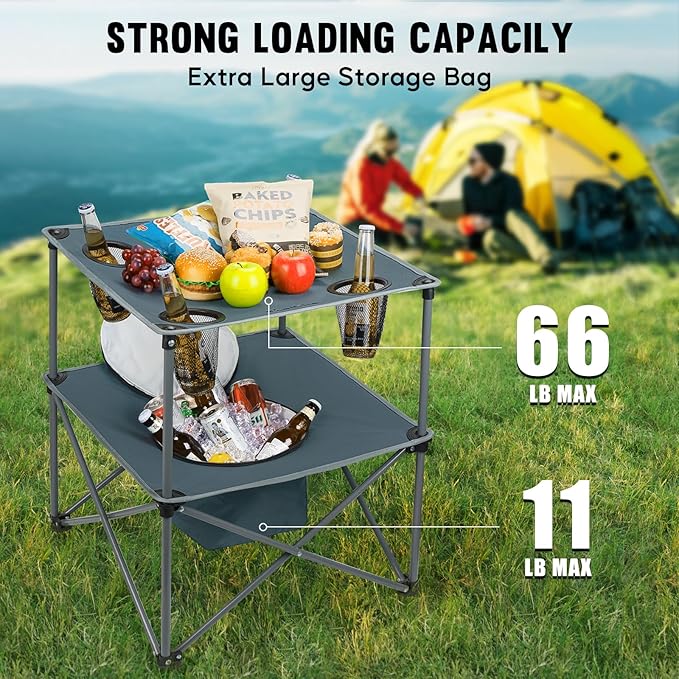 Portable Picnic Camping Table with Cooler, Folding Beach Table with 4 Tear Resistance Cup Holders, Tailgating Table Carry Bag for Travl, Beach, Summer Cookout Essential (Grey)