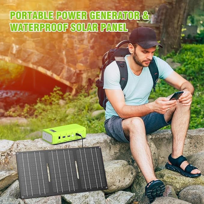 88Wh Portable Power Station with 30W Solar Panel, 24000mAh Solar Generator with Panels Included, Lithium Battery Rechargeable Powered Bank with 110V/65W AC Outlet, DC USB QC3.0 for Emergency Backup