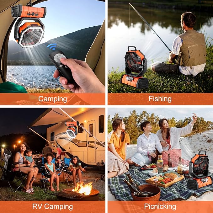 Odoland 30000mAh Camping Fan with LED Lantern, Rechargeable Battery Operated Oscillating with Remote Hook, Portable Tent Fan with Timer, 4 Speeds for Outdoor RV Jobsite Power Outage,Orange