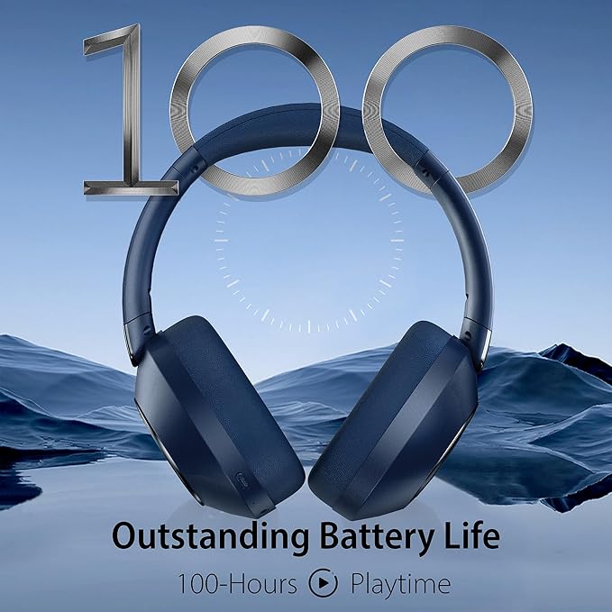 Active Noise Cancelling Headphones, 100H Playtime Headphones Wireless Bluetooth, Bluetooth Headphone with Microphone, Over- Ear Wireless Headphone with Deep Bass for Travel (Blue)