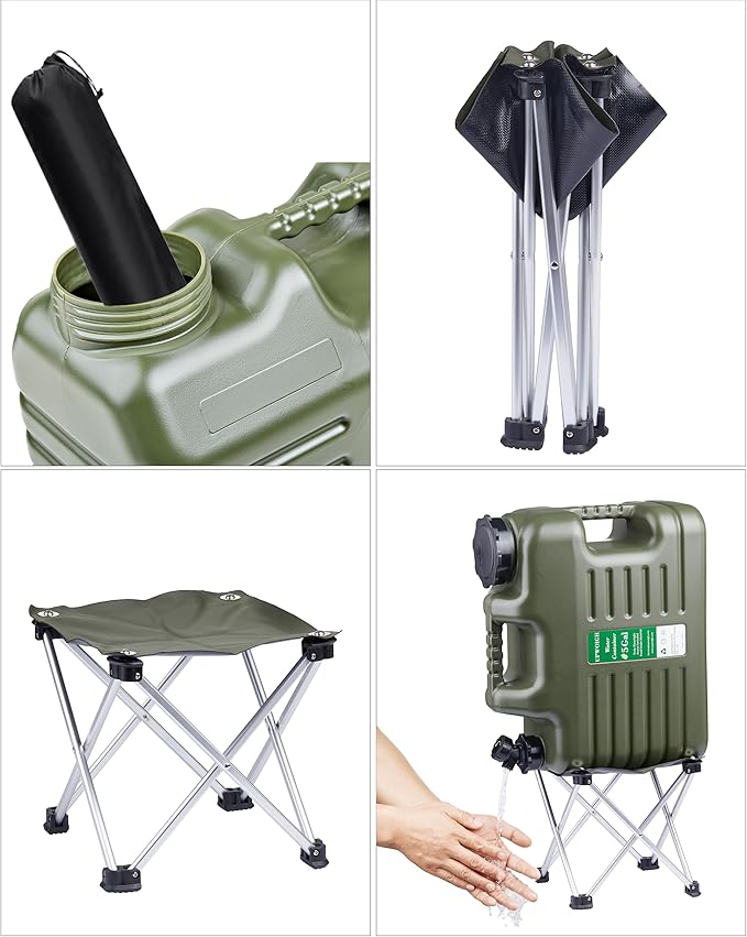 UPWOIGH 5 Gallon Water Jug with Spigot and Folding Stool – Leak-Proof, BPA-Free Portable Green Water Container with Stand, Large Outdoor Storage Tank for Camping, Hiking, RV, Travel, and Emergency Use