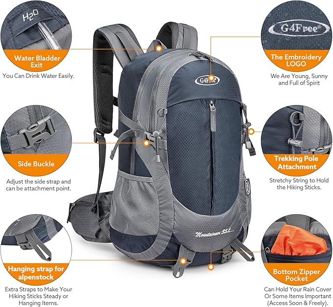 G4Free 35L Hiking Backpack Water Resistant Outdoor Sports Travel Daypack Lightweight with Rain Cover for Women Men (Navy Blue)