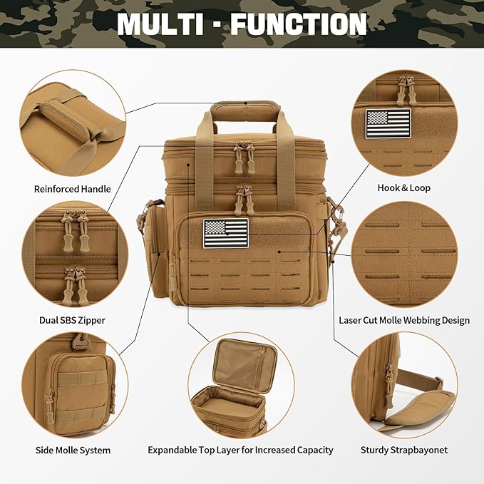 QT&QY Tactical Lunch Box for Men Expandable 18L Heavy Duty Military Insulated Cooler Bag, Leakproof Thermal Lunch Bag for Work Camping Outdoor Picnic Pail Adult Meal MOLLE Webbing Khaki
