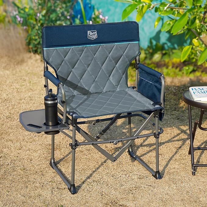 TIMBER RIDGE Aluminum Camping Directors Chair with Side Table Pocket, Portable Folding Chair, Heavy Duty Lawn Chair for Fishing Trip Picnic Concert Outdoor 400lbs, Navy