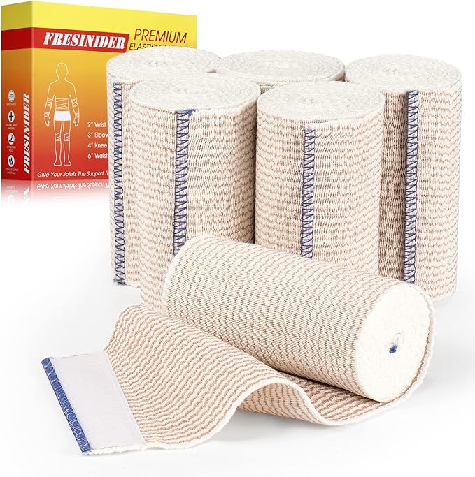 FRESINIDER Premium Elastic Bandage Wrap, 6 Pack 4" Cotton Latex Free Compression Bandage Wrap with Touch Closure at Both Ends, Support & First Aid for Sports, Medical, and Injury Recovery
