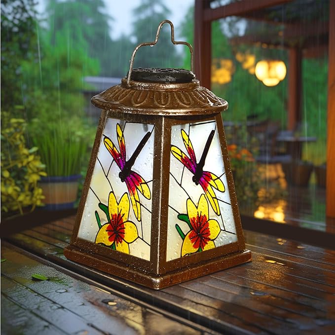 Solar Lantern with Shepherd Hook, Hanging Lantern with LED Lights, Outdoor Waterproof Solar Lanterns Metal Lamp Decoration Garden Patio Yard Pathway, Gifts for Mom Grandma Women, Dragonfly