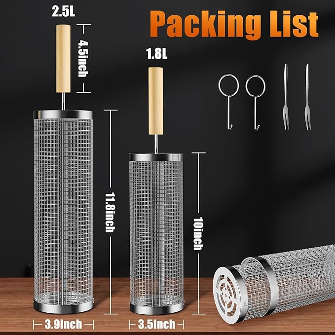 Rolling Grilling Baskets for Outdoor Grill, 2 Pcs BBQ Grill Basket, Stainless Steel Barbeque Grill accessories set, Camping Picnic Cooking Tools for Vegetable/Shrimp/Chicken, Gifts for Men Dad Husband