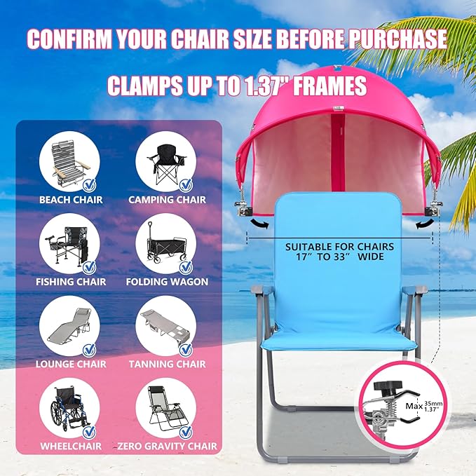 XL Universal Chair Canopy Umbrella, UPF 50+ Foldable Sun Shade Attachment with Adjustable Clamp, Fits Most Brands’ Beach, Camping, Lawn, Tanning, Zero Gravity, Lounge & Fishing Chairs