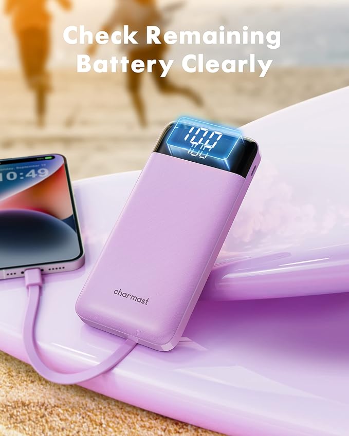 charmast Portable Charger with Built in Cables, Power Bank with Cords Wires, Slim 10000mAh Travel Battery Pack 6 Outputs 3 Inputs 6A Fast Charging for Samsung Google Pixel LG Moto iPhone iPad