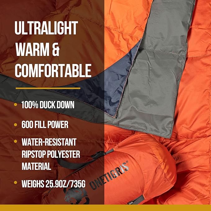 ONETIGRIS Down Camping Blanket for Cold Weather Packable Puffy Backpacking Lightweight Quilt Hiking Gardening Travel Beach Picnic (Orange)