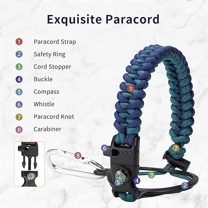 Trebo 32 oz Water Bottle Insulated with Paracord Handle and Straw, Vacuum Double Wall Stainless Steel Water Jug Keep Cold 48 Hours, Water Flask with 3 Lids for Men women Sports Travel gift, Cyan Blue