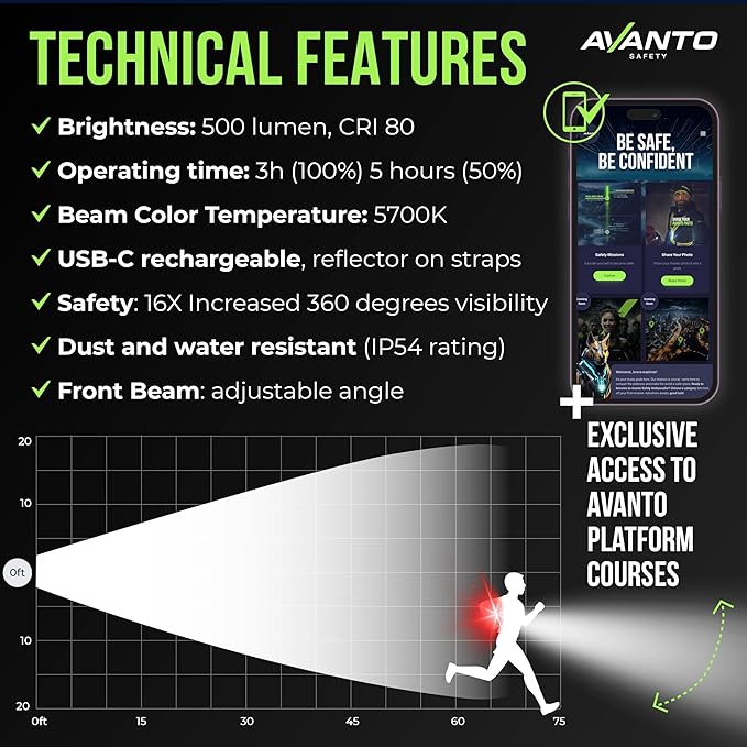 AVANTO PRO Chest Light, Original, USB-C Rechargeable, Running Lights for Runners, 500lm Adjustable Beam, 3-5h Use Time, Running Headlamp Flashlights, Walking Lights for Night Walking, Yellow