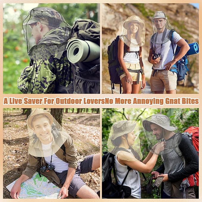 Hestya 2 Pack Mosquito Head Mesh Net Midge Insects Bugs Head Face Net Protecting for Outdoor Hiking Camping Climbing Walking(Beige, Light Gray)