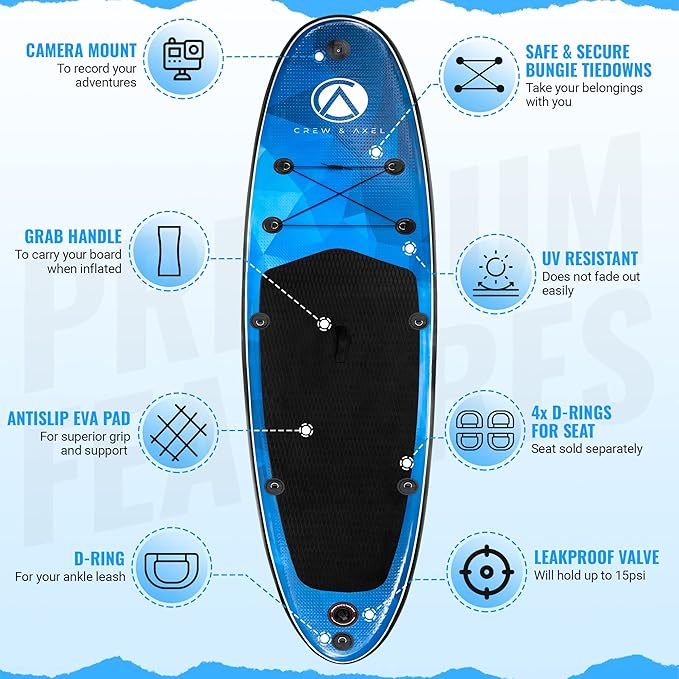 Crew Axel Inflatable Paddle Board 10’33’6” Extra Wide & Lightweight (18lb) Paddle Board – Premium SUP Set Includes 2 Bags, Floating Paddle, Camera Mount, 3 Fins, Dual Pump Kit