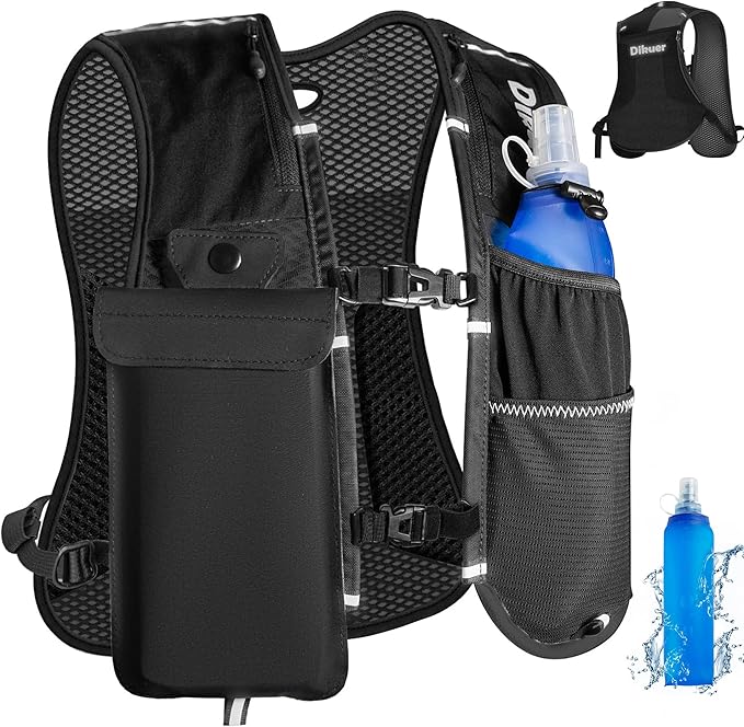 Running Vest for Women Men, Lightweight Hydration Runner Vest with Transparent Waterproof Phone Pocket, 17oz Soft Flask, Adjustable Chest Straps Reflective Backpack for Hiking Cycling Jogging