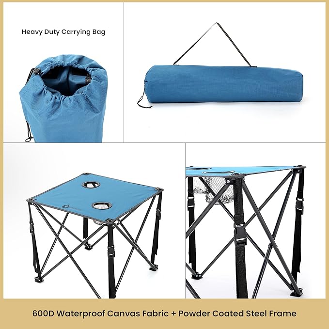ARROWHEAD OUTDOOR 26” (66cm) Portable Camping Folding Table, 2 Cup Holders, Square, Carrying Case, Steel Frame, High-Grade 600D Canvas