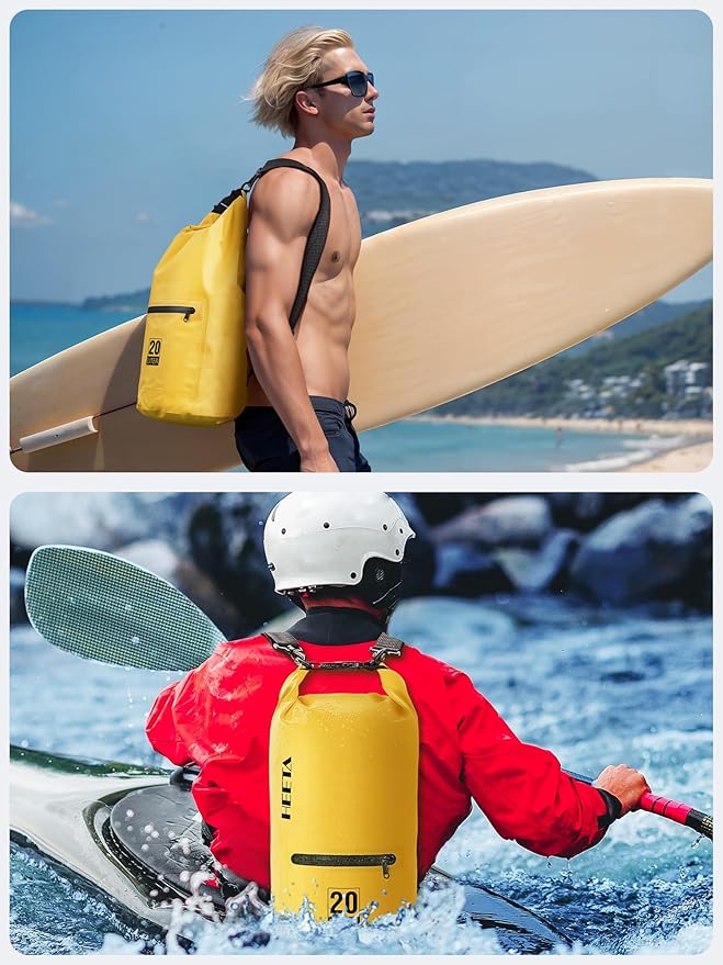 HEETA Waterproof Dry Bag with Front Zippered Pocket for Women Men, 5L/10L/20L/30L/40L Roll Top Lightweight Dry Storage Bag Backpack for Travel, Kayaking, Boating, Rafting, Camping, Hiking & Beach