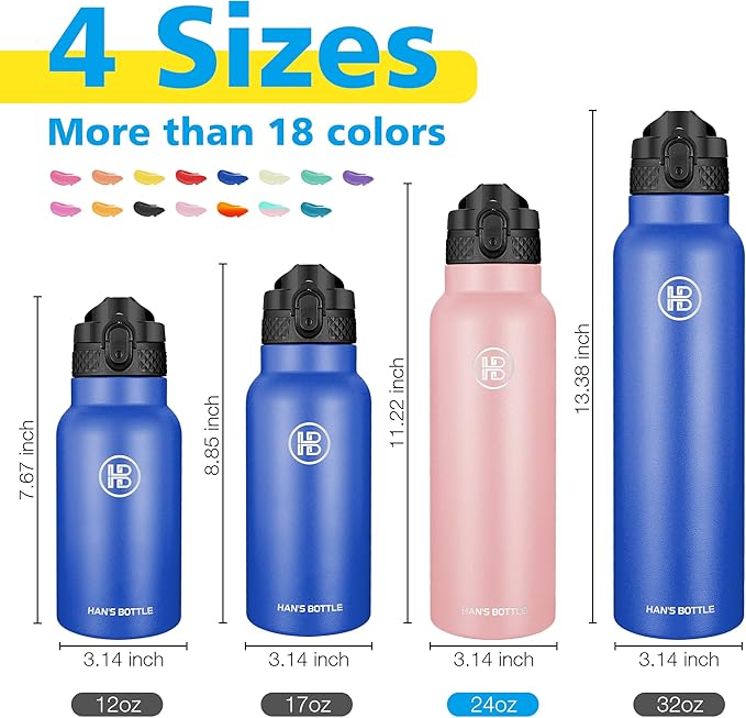 Han's Bottle Sports Water Bottle - 24 Oz, Straw Lid, Leak Proof, Vacuum Insulated Stainless Steel, Double Walled, Thermo Mug,Blush