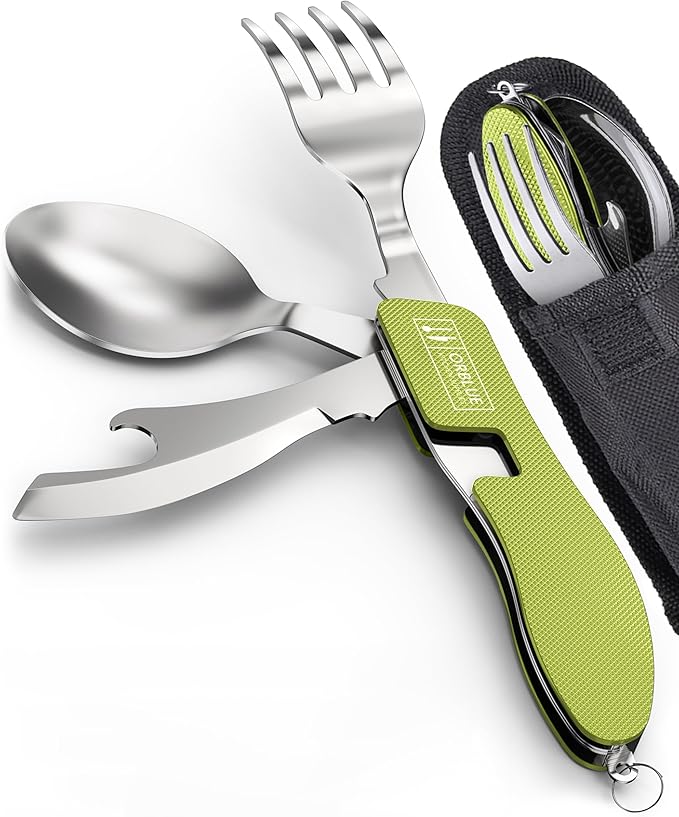 Orblue 4-in-1 Camping Eating Utensils, 2-Pack - Portable Spoon, Fork, Knife & Bottle Opener Combo Set - Stainless Steel Flatware with Detachable Fork - Travel, Backpacking Cutlery Multitool, Green