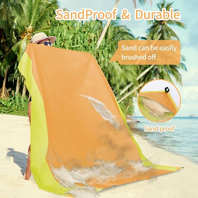 Beach Blanket Sandproof Waterproof, Large Beach Mat Lightweight Portable Quick Drying for Picnic Camping Hiking Travel Beach Accessories (1, Bigorangeyellow, 118"x110")