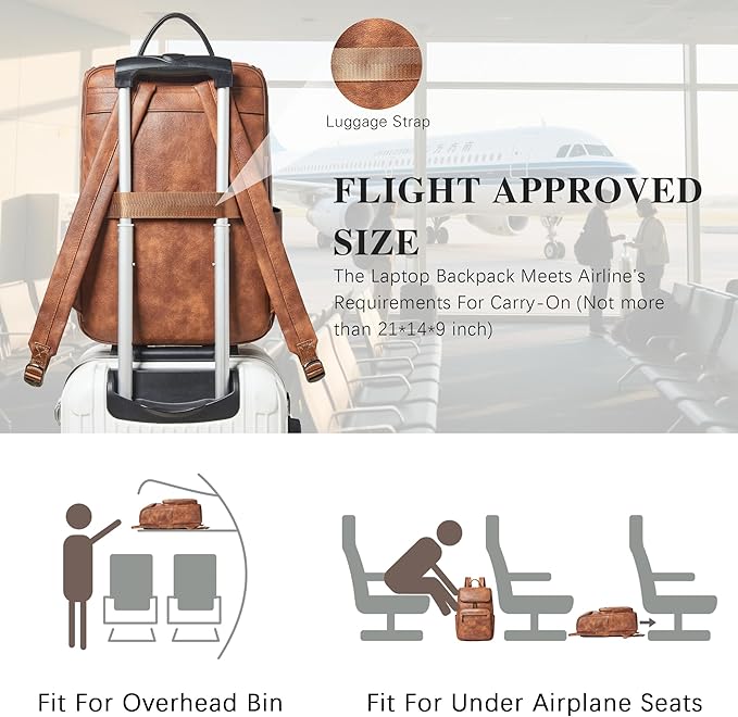 Leather Backpack for Women, Fits 17 Inch Laptop in Main Compartment, Dedicated 15.6 Inch Padded Sleeve, Large Vegan Leather Travel Computer Bag with Luggage Strap for Business and Work, Brown